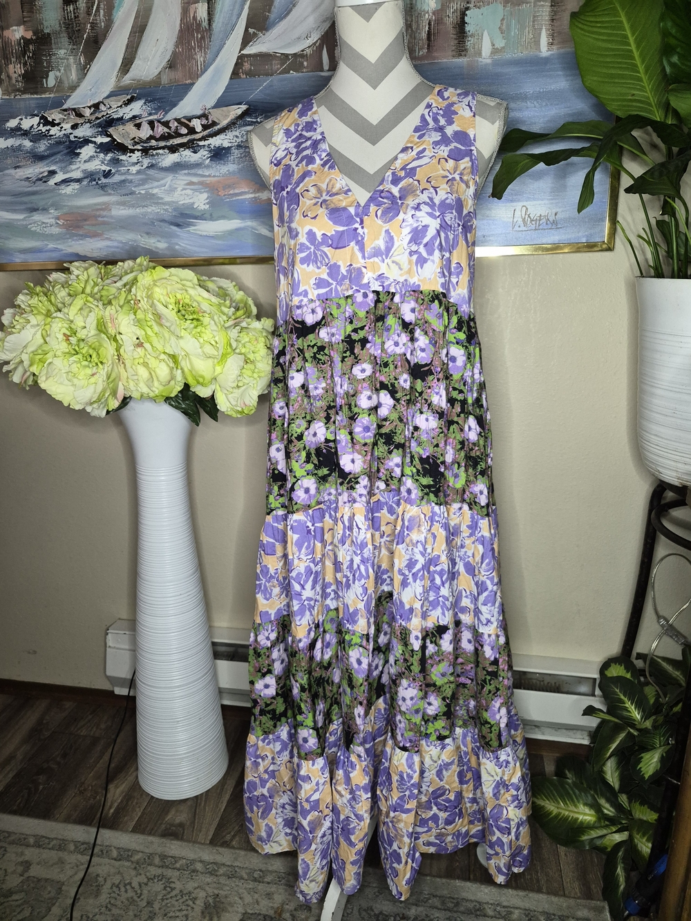 StitchDrop Womens Floral Tiered Maxi Dress in Lavender & Black